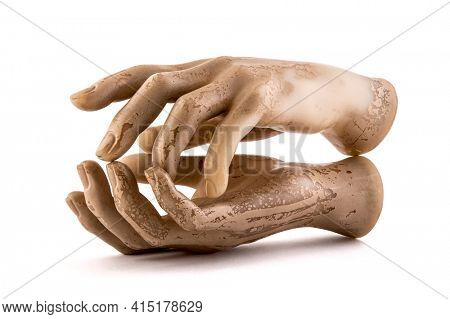 Two old weathered mannequin hands on white background with clipping path