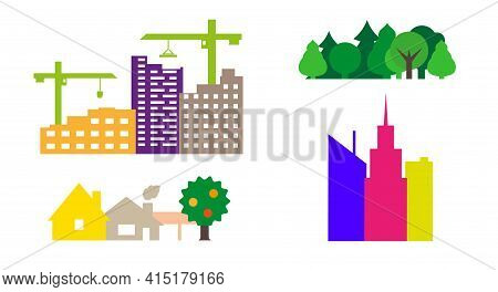 Construction Of Apartment Buildings, Park, Village, Skyscrapers. Colorful Vector Icons. Apartments R
