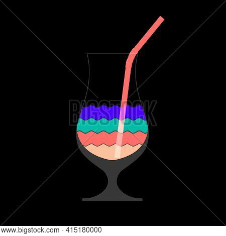 Colorful Layered Cocktail Drink. Fougere. Wine Glass. Tall Glass With Straw. Cocktail Icon. Vector I