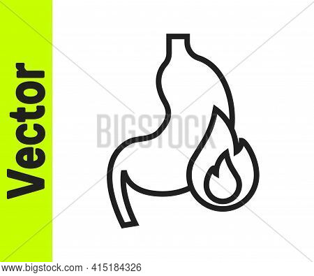 Black Line Stomach Heartburn Icon Isolated On White Background. Stomach Burn. Gastritis And Acid Ref