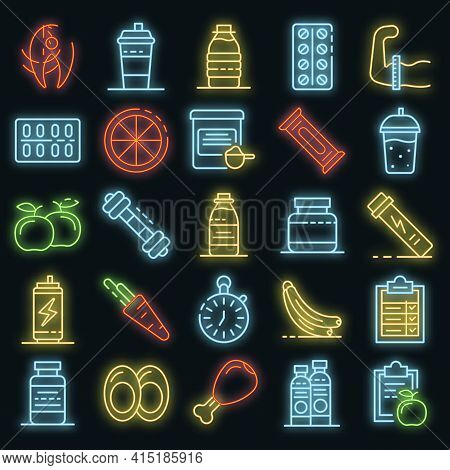 Sport Nutrition Icons Set. Outline Set Of Sport Nutrition Vector Icons Neon Color On Black