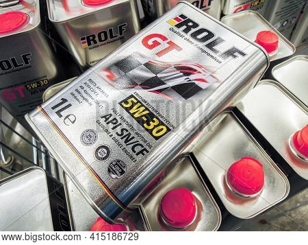 Samara, Russia - March 31, 2021: Rolf Motor Oil In Metal Canisters On The Shelf At The Superstore
