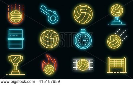 Volleyball Icons Set. Outline Set Of Volleyball Vector Icons Neon Color On Black