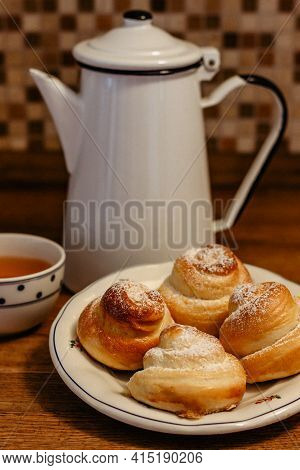 Traditional Easter Baking Served With Honey At Breakfast.delicious Homemade Hot Buns From Sweet Yeas