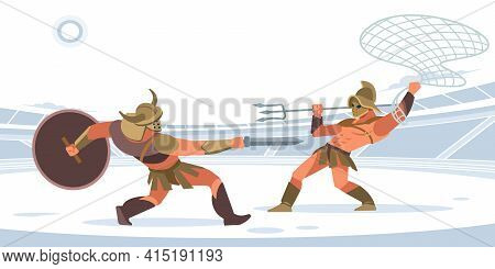Warriors Fighting In The Arena Of Gladiators. Gladiator Murmillo Gladius And A Retiarius With Net An