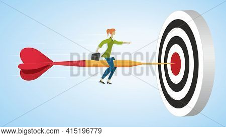 Woman Riding On Dart Arrow To Goal, Dartboard. Dimension 16:9. Vector Illustration. Eps10.