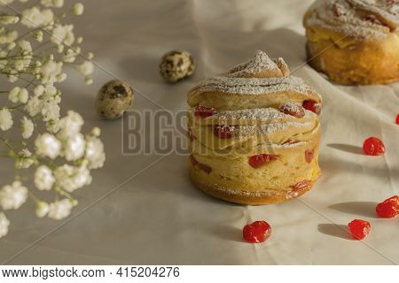 Easter Cake Craffin. Craffins With Dried Cherries, Sprinkled With Powdered Sugar. Close-up Of Homema