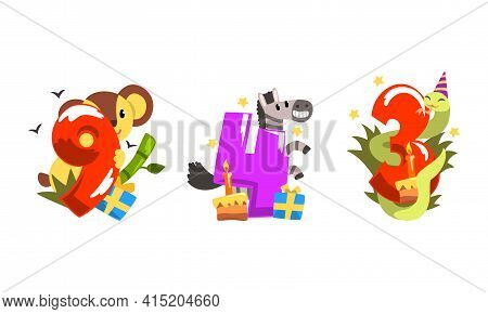 Birthday Anniversary Numbers With Cute Animals Set, Funny Koala, Zebra, Snake With Nine, Four, Three