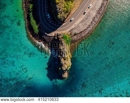 Maconde Point And Blue Ocean, Aerial View. Cape In Mauritius Island