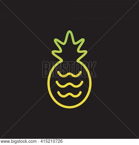Pineapple Vector Gradient Illustration. Simple One Line Green And Yellow Pineapple Fruit Icon, Hand 