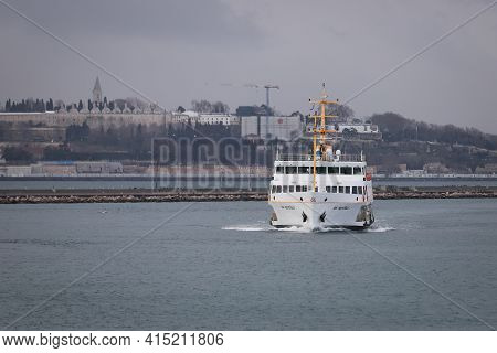 Istanbul, Turkey - February 15, 2021: Sehir Hatlari Ferry In Bosphorus Strait. Sehir Hatlari Was Est