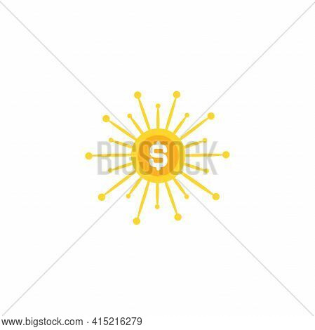 Golden Dollar Coin With Gold Rays. Shining Money Sun. Flat Icon Isolated On White. New Business Idea