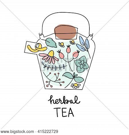 Herbal Teapot Logo. Cute Doodle Flowers And Herbs For Healthy Drink.