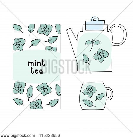Peppermint Tea Packaging Design, Teapot, Cup. Hand Drawn Doodle Illustration Of Healthy Hot Drink.