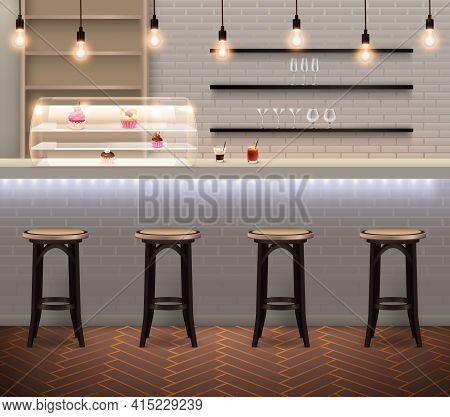 Coffee Shop Modern Trendy Interior With Bar Stools And Counter With Pastry At Brick Wall Background 