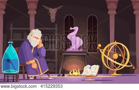 Old Alchemist Making Potions In Dark Laboratory Cartoon Vector Illustration