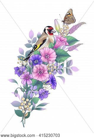 Hand Drawn Goldfinch And Butterfly Sitting On Wildflowers Bouquet Isolated On White. Vector Elegant 