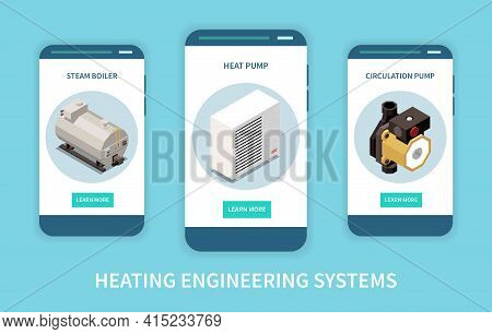Heating Engineering System Isometric Vertical Banners Set With 3d Steam Boiler Heat And Circulation 