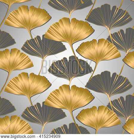 Vector Banner Of Ginkgo Biloba Leaf. Ink Line Art Design. Ginkgo Biloba Leaves. Seamless Pattern.