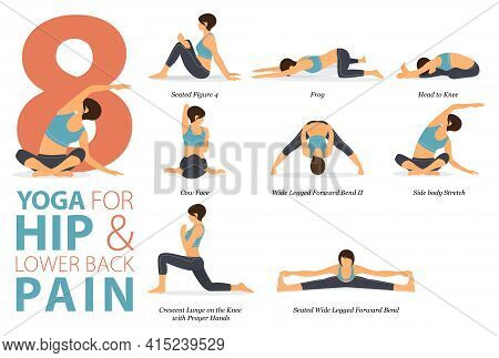 Infographic 8 Yoga Poses For Workout At Home In Concept Of Hip And Lower Back Pain In Flat Design. W