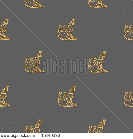 Seamless Pattern With Cute Cartoon Snails On Gray Background. Funny Animals Wallpaper. Vector Doodle