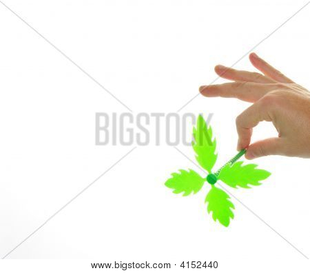 捕捉绿色的塑料花的男人的手