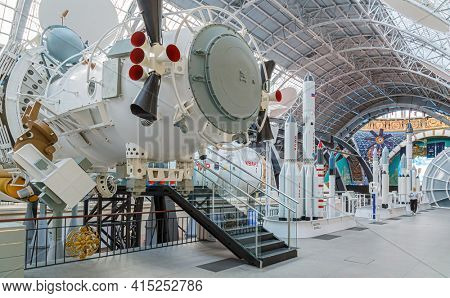 Moscow, Russia - November 28, 2018: Space museum. Inside The Cosmonautics and Aviation Centre in the Cosmos pavilion of VDNH. Aircraft exhibition. Rocket science.