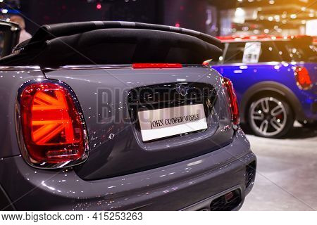 Nonthaburi, Thailand - March 25,2021 : View Of Mini Jcw Gp Inspired Edition Gray Color On Display At