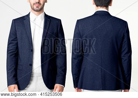 Navy blue men's blazer business wear fashion with design space full body and rear view set