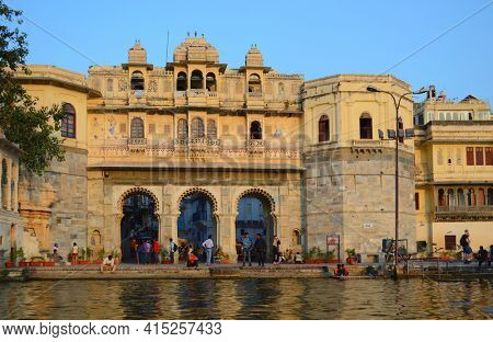 UDAIPUR, INDIA - November 4, 2015: The old city seen from the Lake Pichola. 