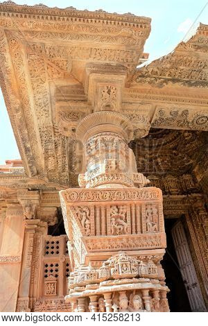 UDAIPUR, INDIA - JANUARY 14, 2017: Sas Bahu Temple carvings detail. The remains, also known as, the Sahastra Bahu temples of the early 10th century AD are dedicated to Vishnu.