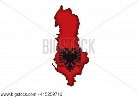 Albania Border Silhouette With National Flag Isolated On White Background With Copy Space. Contour O