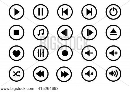 Media Player Icons Set. Set Of Media Player Icons In Line Style. Music, Interface, Design Media Play