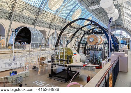 Moscow, Russia - November 28, 2018: Space museum. Inside The Cosmonautics and Aviation Centre in the Cosmos pavilion of VDNH. Aircraft exhibition. Rocket science.