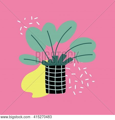 Cartoon Tropical Palm Tree In Pot. Hand Drawn Summer Stylized Plant Print Or Poster, Decorative Colo