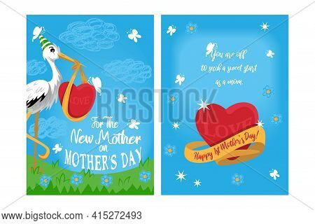 Double-sided A6 Or A5 Postcard Template For A New Mother On Mother's Day. Stork In A Birthday Cap Ho