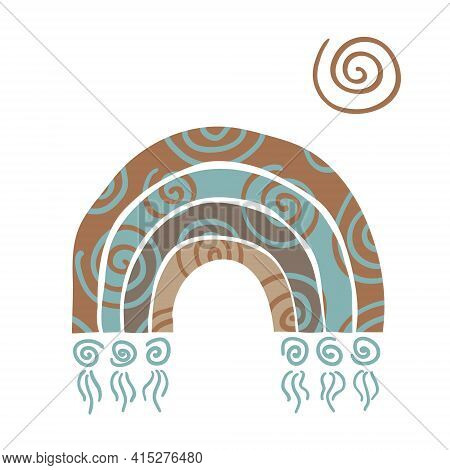 Boho Rainbow With Circles Or Spirals Pattern On White Background. Hand Drawn Sketch Of Beige, Brown,