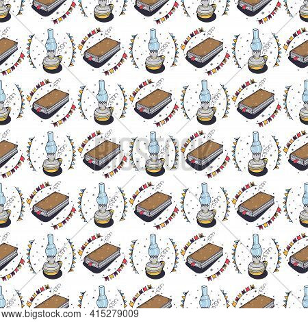 Seamless Pattern With A Kerosene Lamp And A Book. Seamless Pattern On A White Background. Cute Vecto