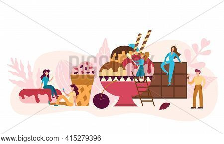 Dessert Concept With Tiny People. Men And Women Eating Ice Cream And Chocolate. Design For Cafe, Ban