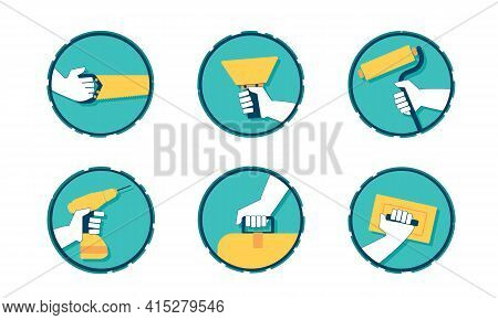 A Set Of Modern Construction, Repair And Finishing Tools In The Hands Of A Master Builder. Vector Ic