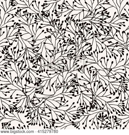 Black And White Seamless Pattern Nature Plants Ornament, Leaves Grass Branches. Repeating Background