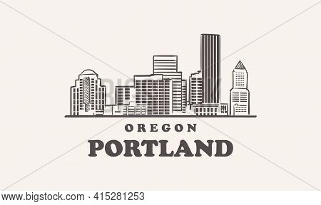 Portland Skyline, Oregon Drawn Sketch American City