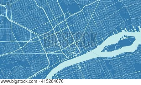 Blue Vector Background Map, Detroit City Area Streets And Water Cartography Illustration. Widescreen
