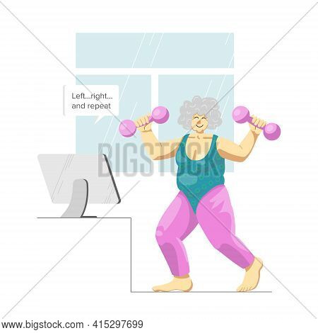 Vector Image Of An Elderly Happy Lady Doing Aerobics As Her Home Sport Activity. Smiling Senior Woma