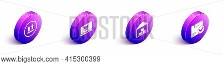 Set Isometric This Side Up, Shopping Cart On Laptop, Warehouse And Package Box With Check Mark Icon.