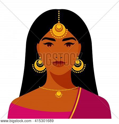 Beautiful Woman - Indian Woman With Long Hair, Gold Earrings, Bindi. Ethnic Girl, Indian Culture. Po