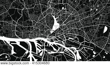 Black And White Vector Background Map, Hamburg City Area Streets And Water Cartography Illustration.