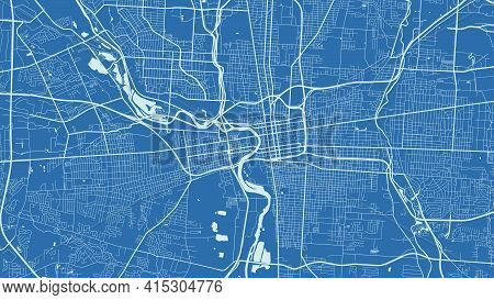 Blue Vector Background Map, Columbus City Area Streets And Water Cartography Illustration. Widescree