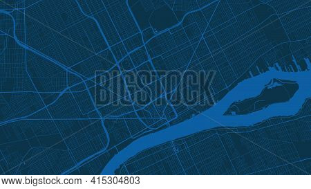 Navy Blue Vector Background Map, Detroit City Area Streets And Water Cartography Illustration. Wides