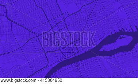 Purple Vector Background Map, Detroit City Area Streets And Water Cartography Illustration. Widescre